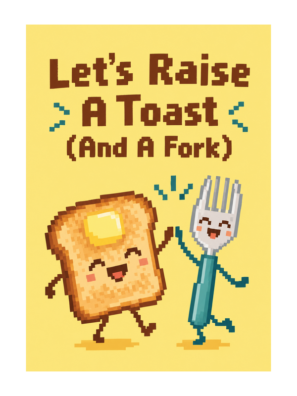 Raise A Toast And A Fork Birthday cake card by MailBakes, pixel art toast and fork with text