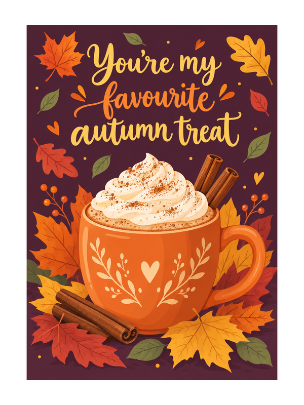 My Favourite Autumn Treat Birthday cake card by MailBakes, digital illustration of autumn treats with birthday message