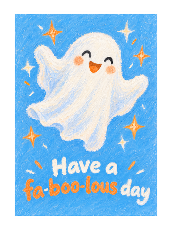 Faboolous Halloween cake card by MailBakes, Oil pastel ghosts and pumpkins with Have a faboolous day