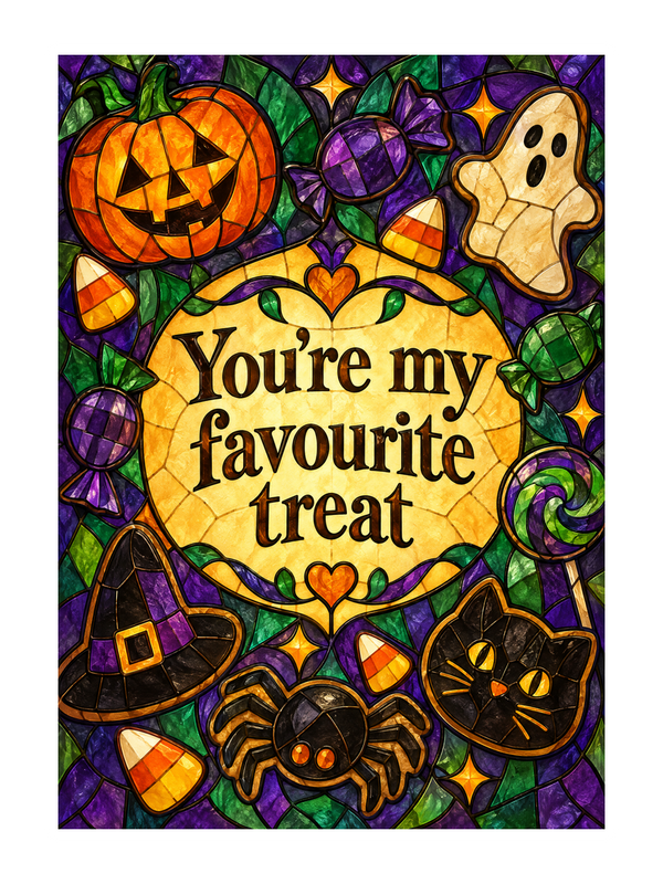 My Favourite Treat Halloween cake card by MailBakes, Stained glass effect with You’re my favourite treat
