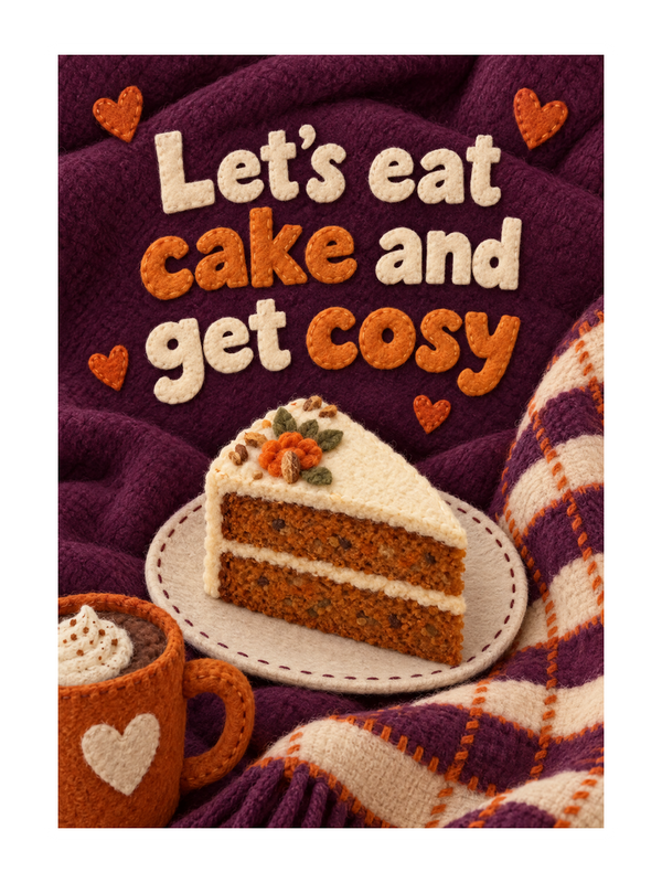 Eat Cake And Get Cosy Birthday cake card by MailBakes, felt craft design with Let’s eat cake and get cosy