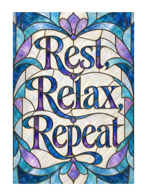 Rest Relax Repeat Get Well Soon cake card by MailBakes, stained glass design with Rest Relax Repeat text