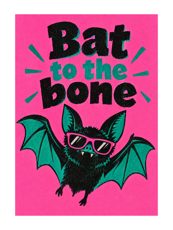 Bat To The Bone Halloween cake card by MailBakes, Cheeky bat with Bat to the bone phrase