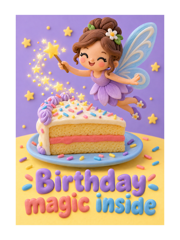 Birthday Magic Inside cake card by MailBakes, 3D clay render with Birthday magic inside text