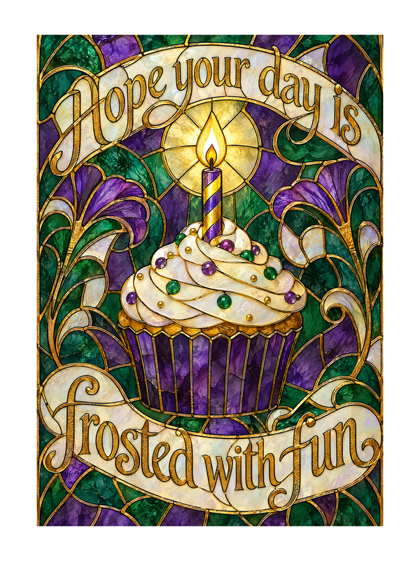 Frosted With Fun Birthday cake card by MailBakes, Stained glass design with birthday message