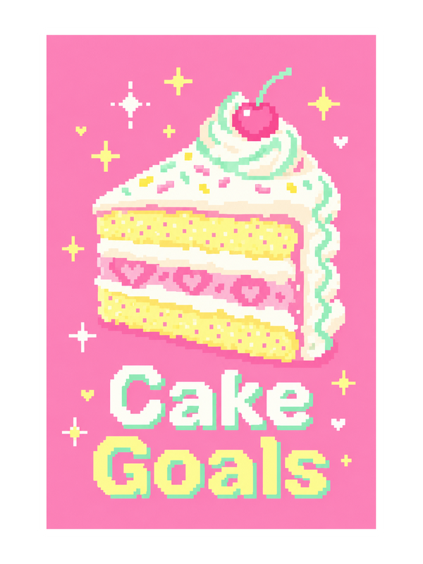 Cake Goals Birthday cake card by MailBakes, pixel art cake with Cake Goals text