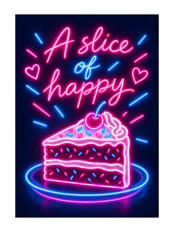 Slice Of Happy Just Because cake card by MailBakes, neon sign illustration saying A slice of happy