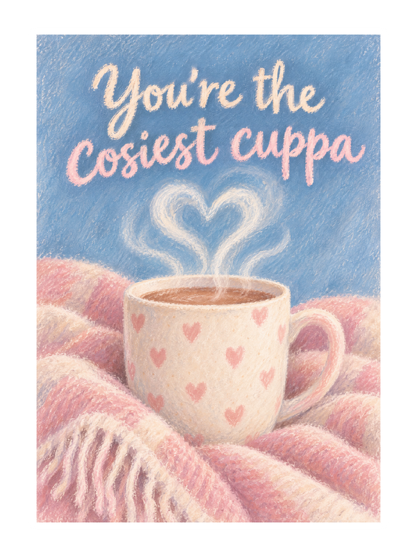 Cosiest Cuppa Thinking Of You cake card by MailBakes, chalk pastel cup with You’re the cosiest cuppa