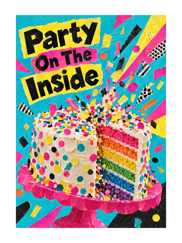 Party On The Inside Birthday cake card by MailBakes, exploding confetti cake with rainbow layers