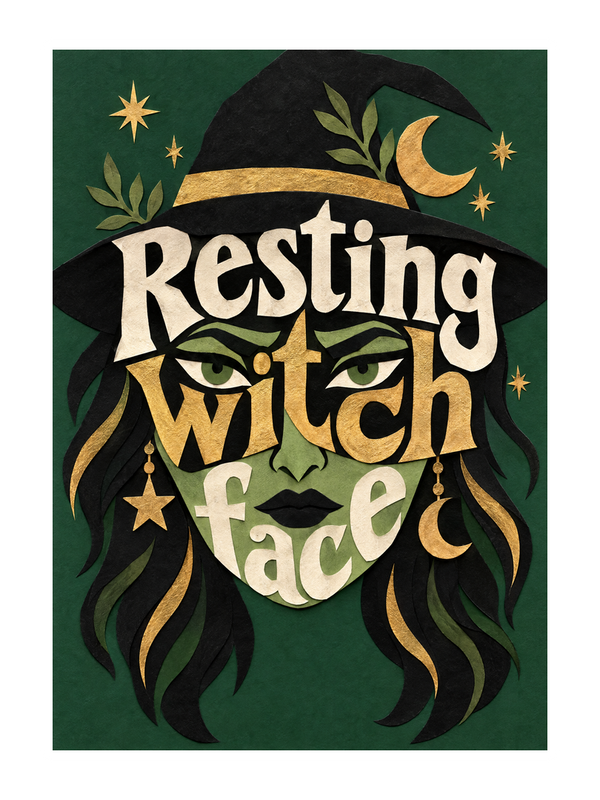 Resting Witch Face Halloween cake card by MailBakes, Papercut collage of a witch face with text