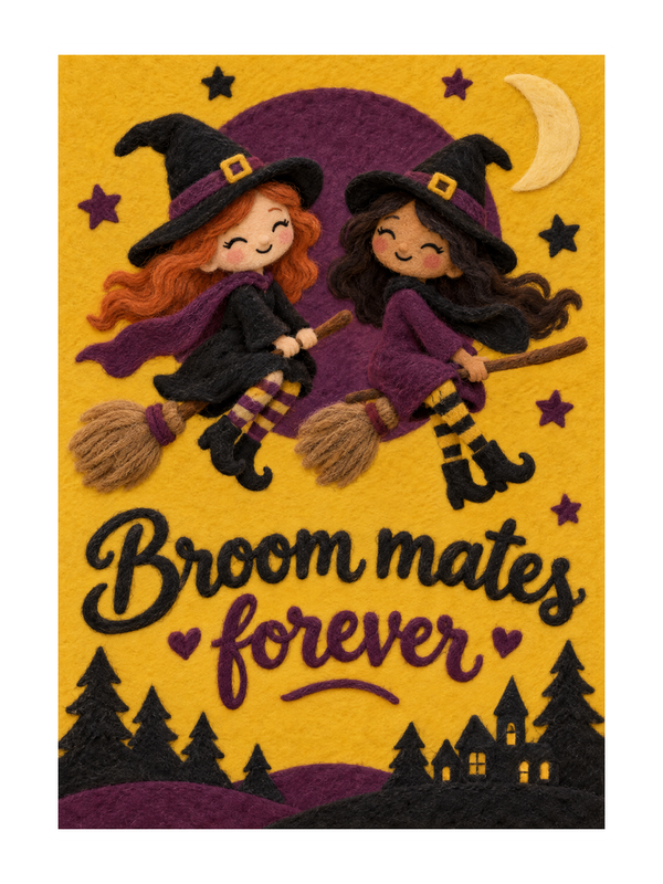 Broom Mates Forever Halloween cake card by MailBakes, felt craft photo of two witches on brooms