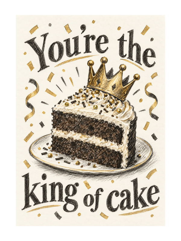 King Of Cake Birthday cake card by MailBakes, Charcoal sketch with You’re the king of cake