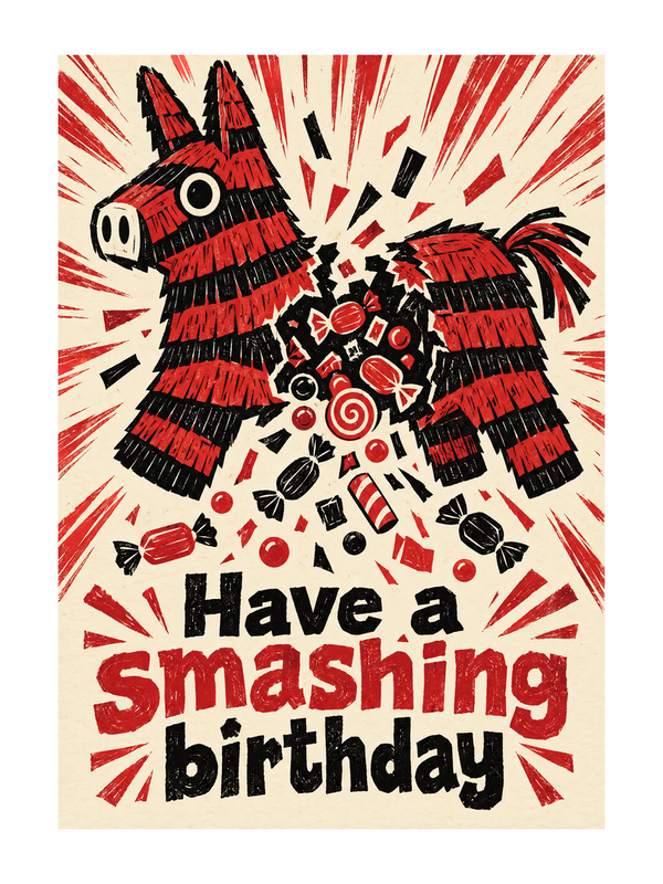 Smashing Birthday cake card by MailBakes, linocut print saying Have a smashing birthday