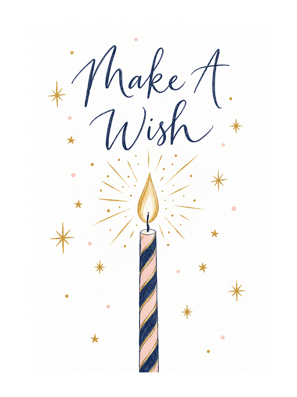 Make A Wish Birthday cake card by MailBakes, Ink line drawing with Make A Wish text