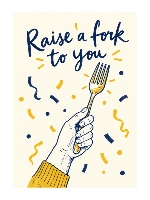 Raise A Fork Birthday cake card by MailBakes, ink line drawing with Raise a fork to you