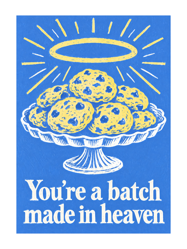 Batch Made In Heaven Thinking Of You cake card by MailBakes, linocut design with You’re a batch made in heaven