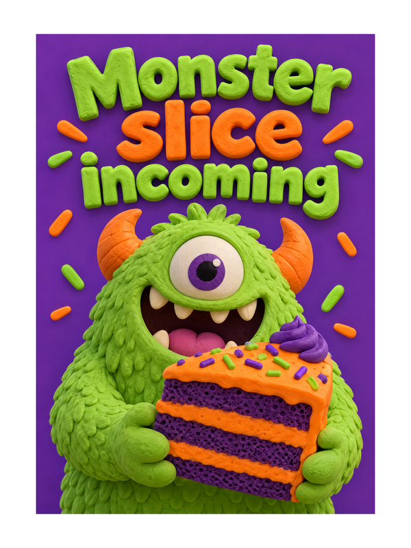 Monster Slice Incoming Halloween cake card by MailBakes, 3D clay monster with monster slice incoming