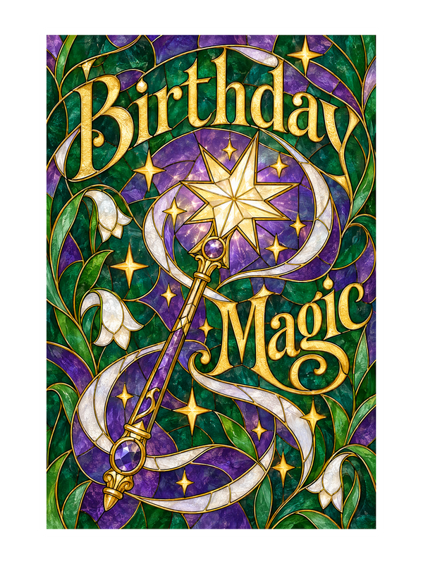 Birthday Magic Birthday cake card by MailBakes, stained glass effect with Birthday Magic text
