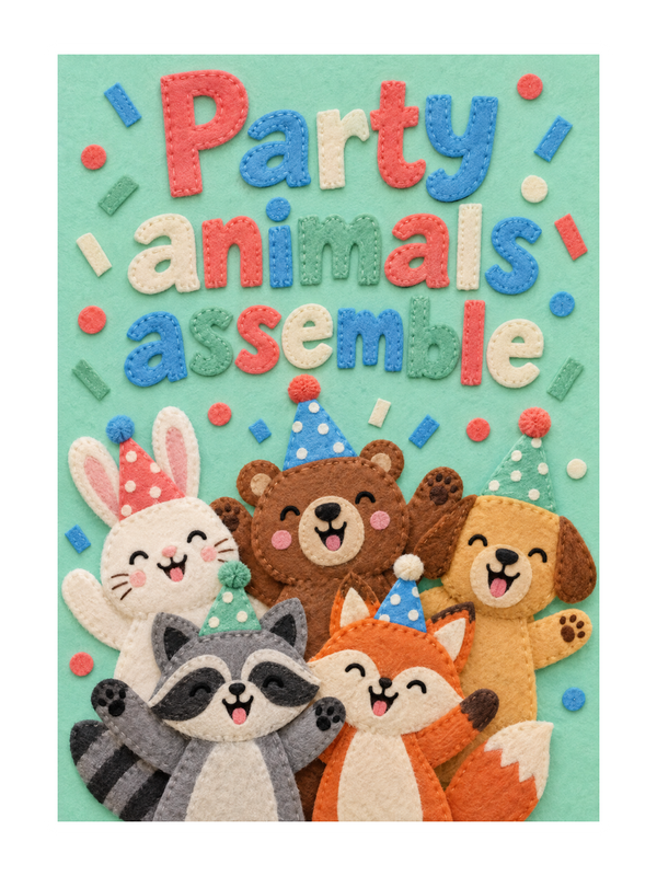 Party Animals Assemble Birthday cake card by MailBakes, felt craft party animals with party hats