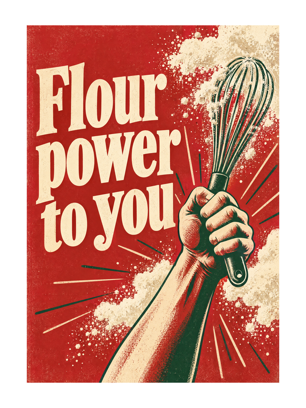 Flour Power Thinking Of You cake card by MailBakes, vintage poster with Flour power to you text