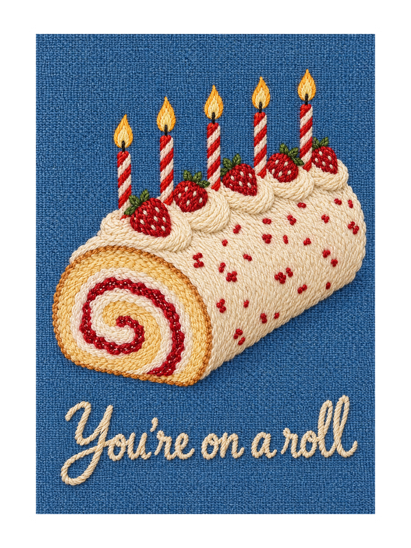 On A Roll Birthday cake card by MailBakes, You’re on a roll in digital embroidery style