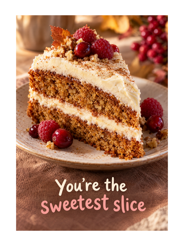 Sweetest Slice Birthday cake card by MailBakes, photograph of a cake slice with You’re the sweetest slice