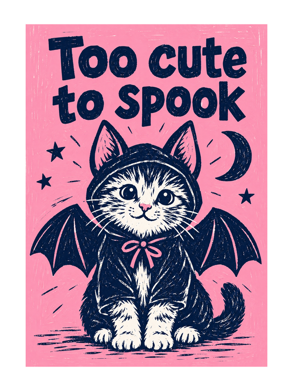 Too Cute To Spook Halloween cake card by MailBakes, linocut print of a cute ghost with phrase