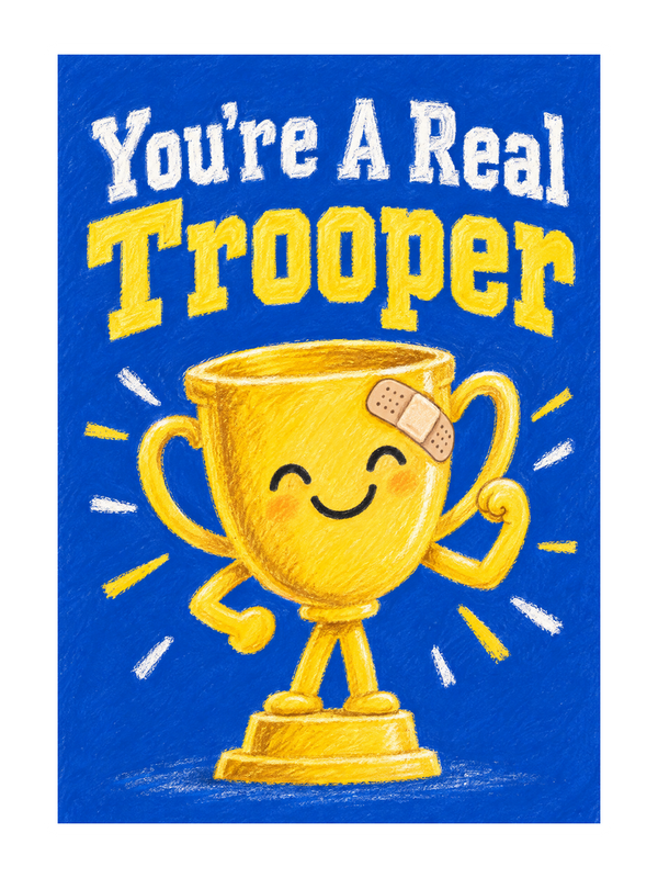 Real Trooper Get Well Soon cake card by MailBakes, chalk pastel text You’re A Real Trooper