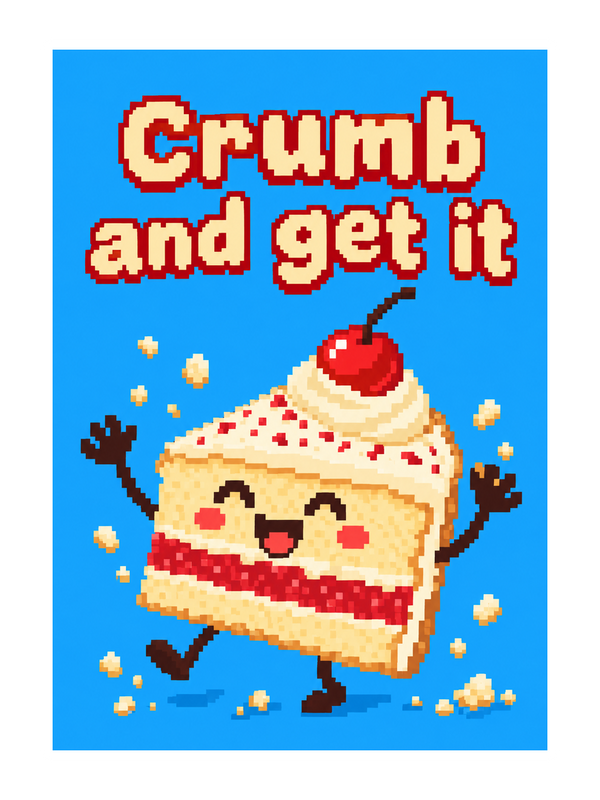 Crumb And Get It Thinking Of You cake card by MailBakes, pixel art with crumb and get it phrase