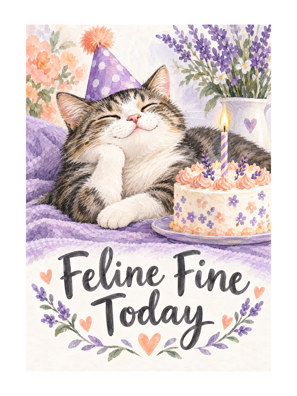 Feline Fine Today Birthday cake card by MailBakes, cat in party hat beside birthday cake