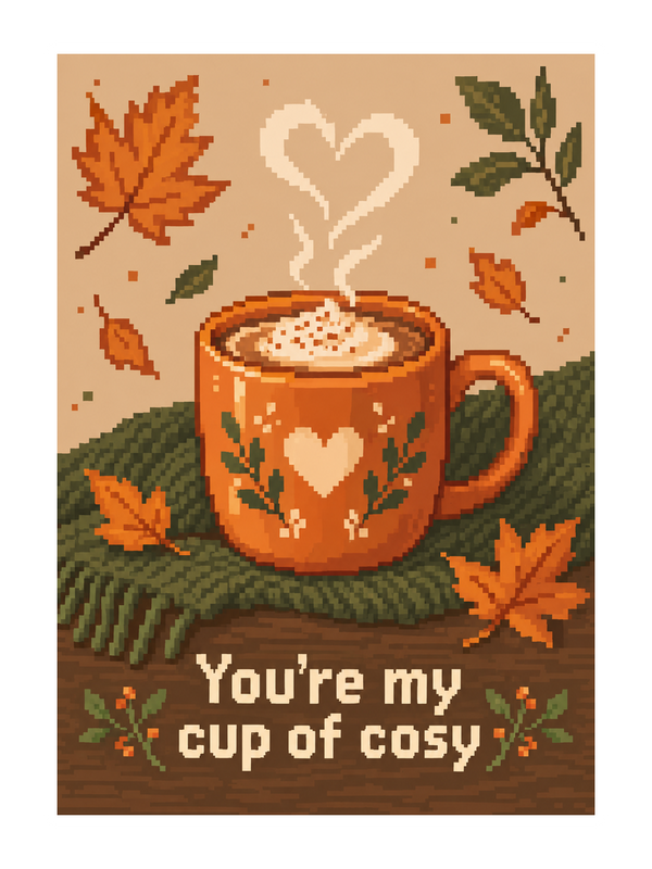 Cup Of Cosy Birthday cake card by MailBakes, pixel art cup with You’re my cup of cosy