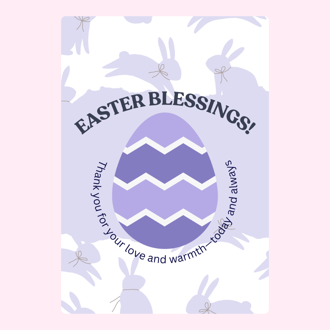 "Easter Blessings" card with a purple Easter egg and bunnies.