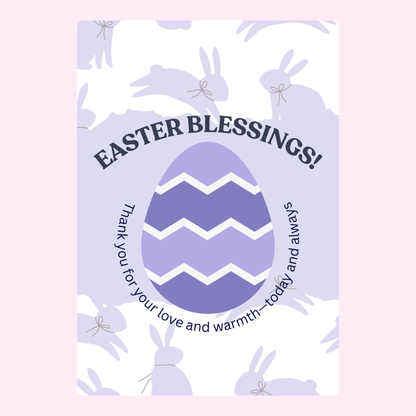 "Easter Blessings" card with a purple Easter egg and bunnies.