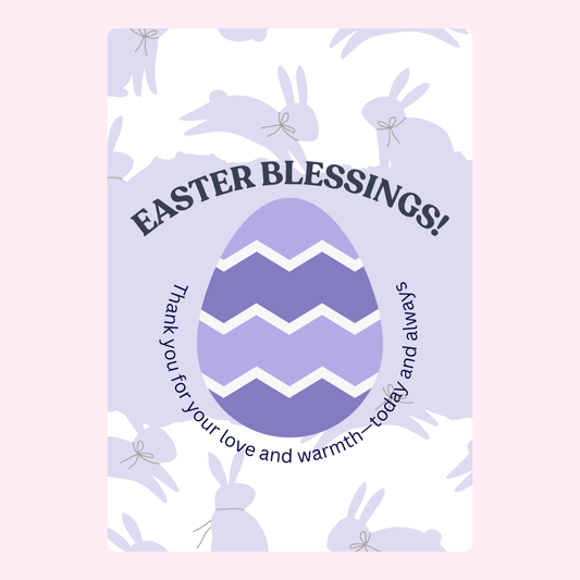 "Easter Blessings" card with a purple Easter egg and bunnies.