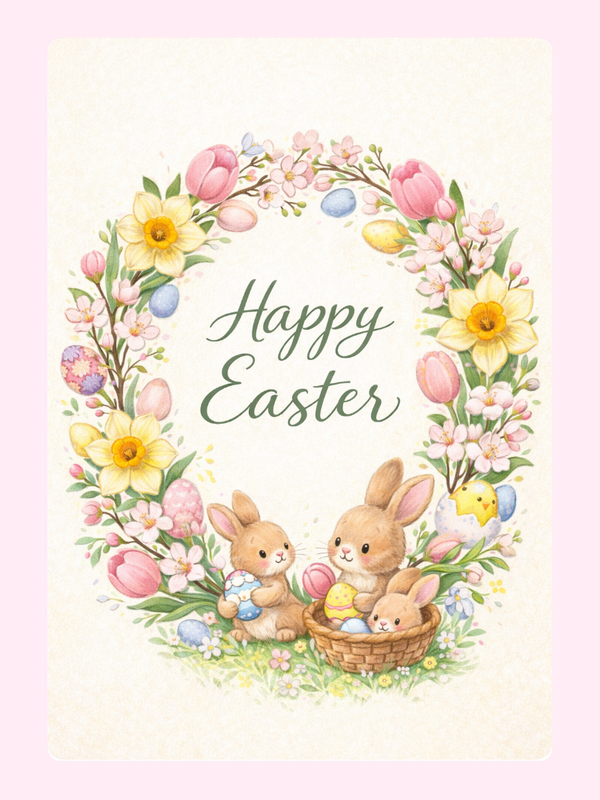 Easter wreath with flowers and Easter eggs.