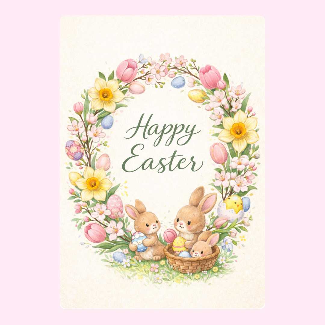 Easter wreath with flowers and Easter eggs.