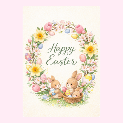 Easter wreath with flowers and Easter eggs.