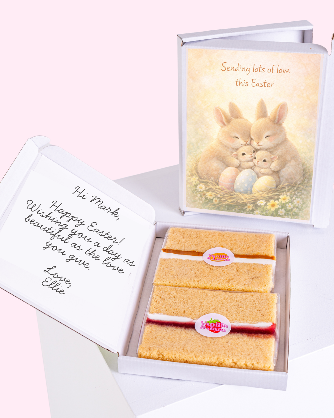 Easter Bunny family with a gift box in the background and message inside the box.