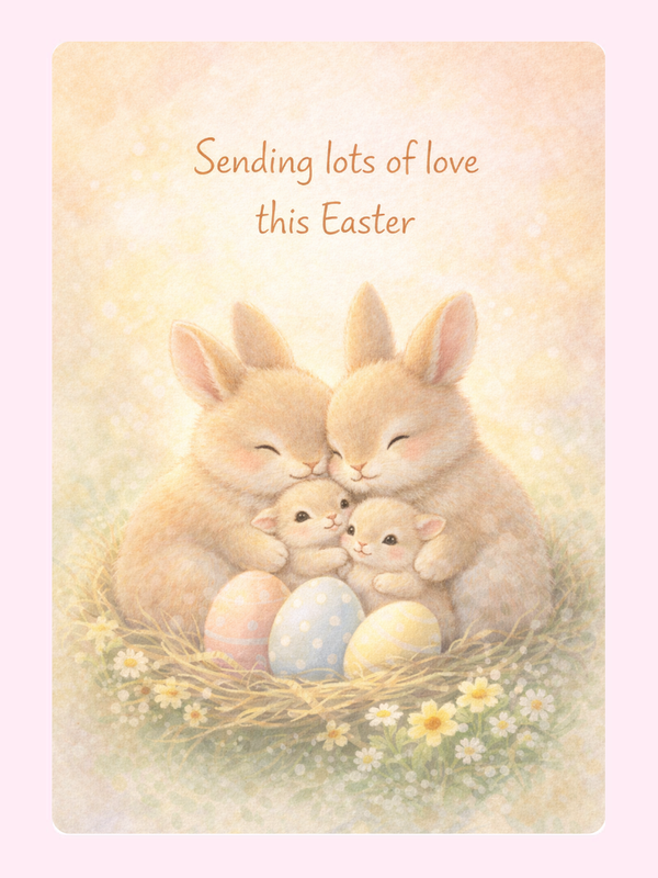 Cute bunny family with pastel Easter eggs in a nest.