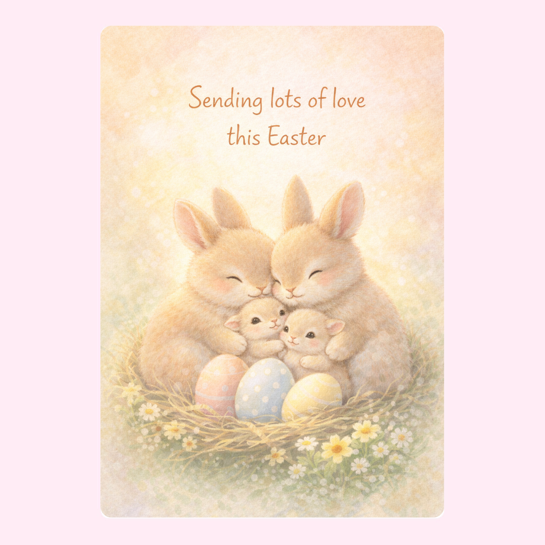 Cute bunny family with pastel Easter eggs in a nest.