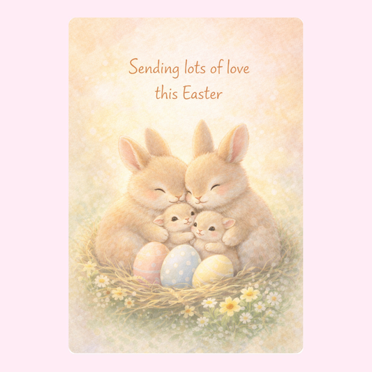 Cute bunny family with pastel Easter eggs in a nest.