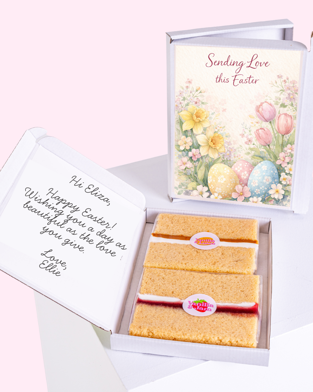 Easter bunny and cake card with message inside.