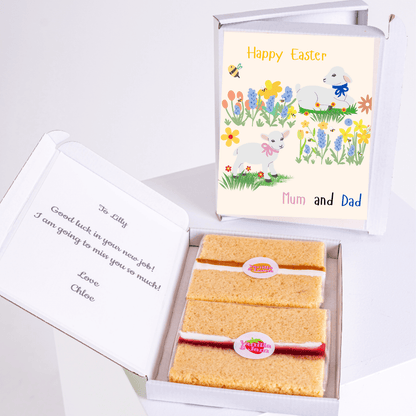 Easter themed cake card with a personal message two slices of cake.