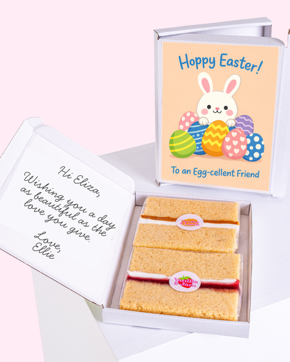 Easter cake card featuring a bunny and colorful Easter eggs, with a personal message inside.