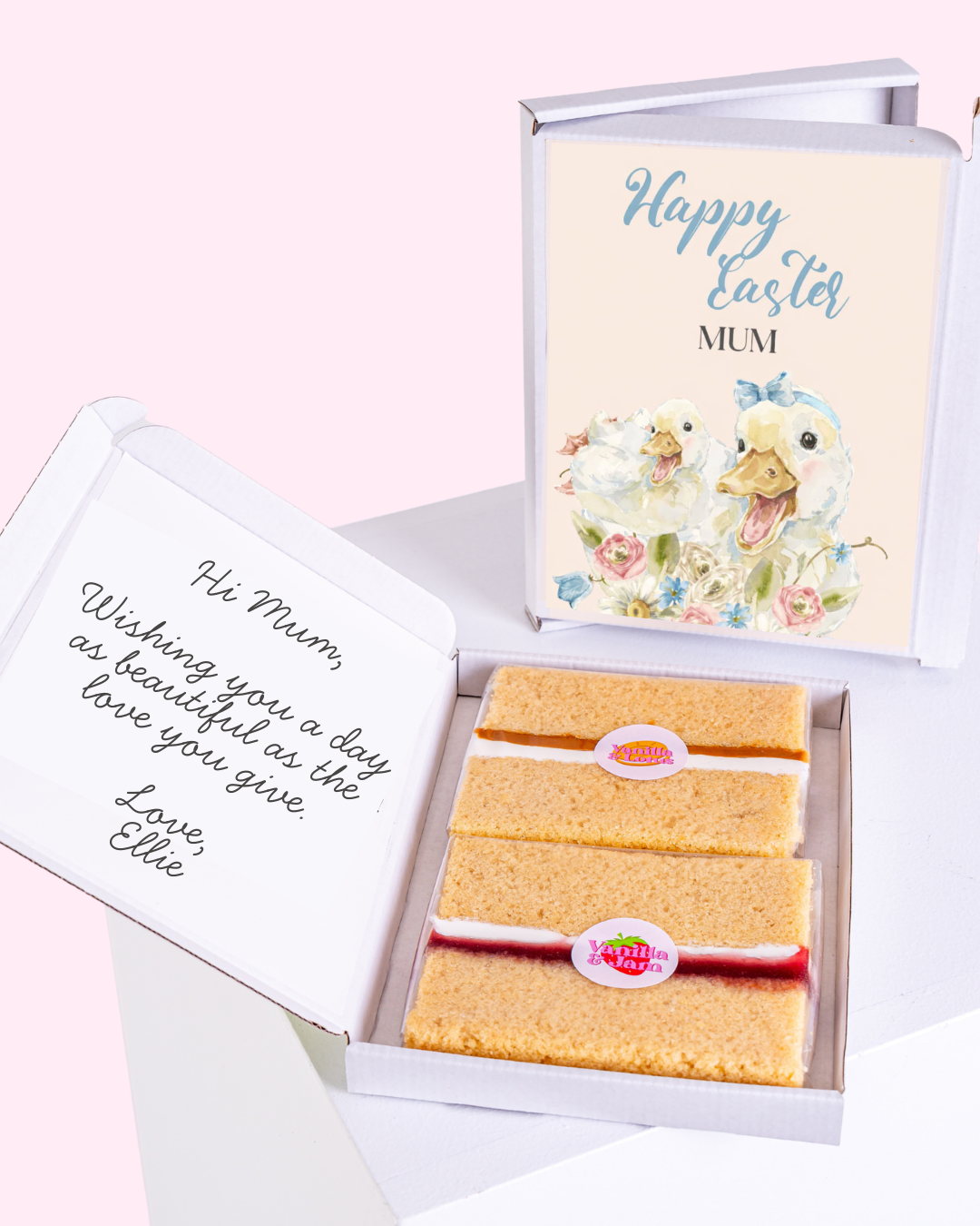 "Happy Easter Mum" design a personal message with two slices of cake.