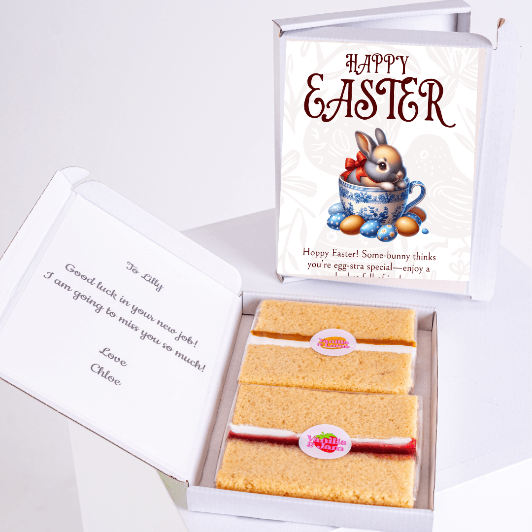 Easter cake card with bunny holding eggs