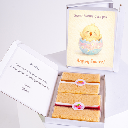 Happy Easter!" design, featuring a cute chick and a personal message, with two slices of cake.