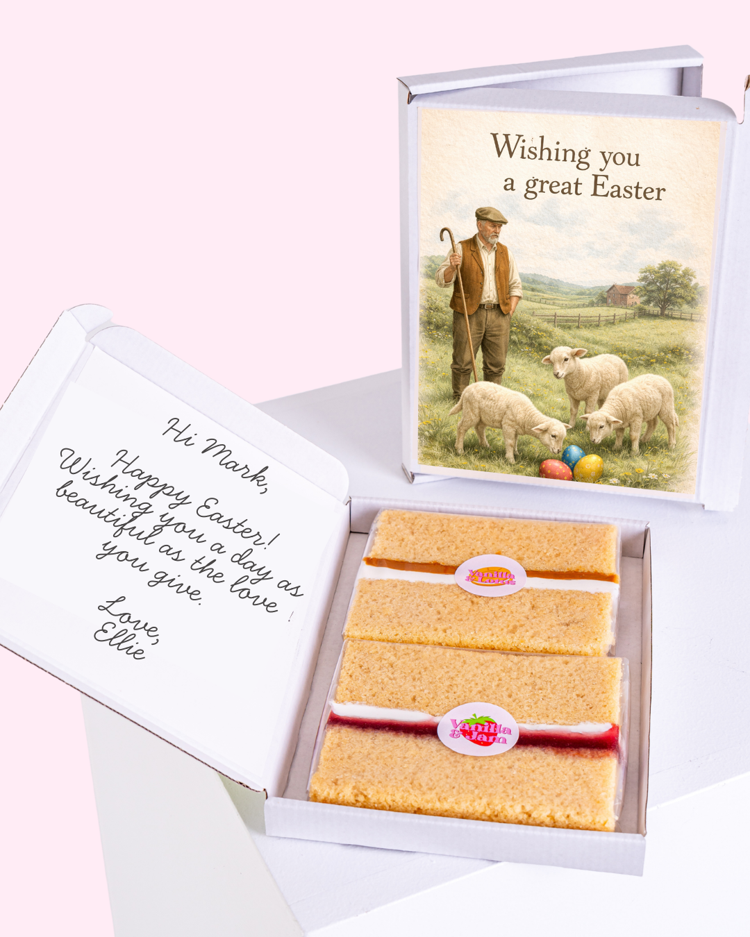 Easter cake card with a shepherd  featuring a personal message and two slices of cake.