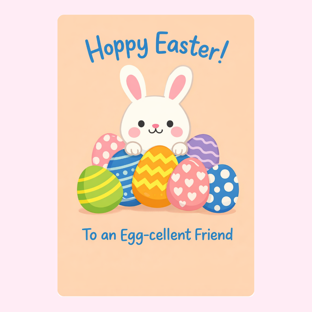 Happy Easter!" card with a bunny and colorful Easter eggs, labeled "To an Egg-cellent Friend.