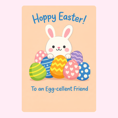 Happy Easter!" card with a bunny and colorful Easter eggs, labeled "To an Egg-cellent Friend.